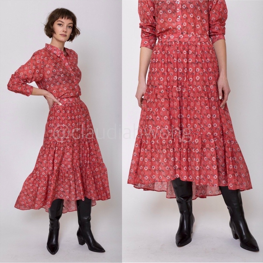 XIRENA Iris Tiered Ruffle Midi Skirt in Coral Blush Red